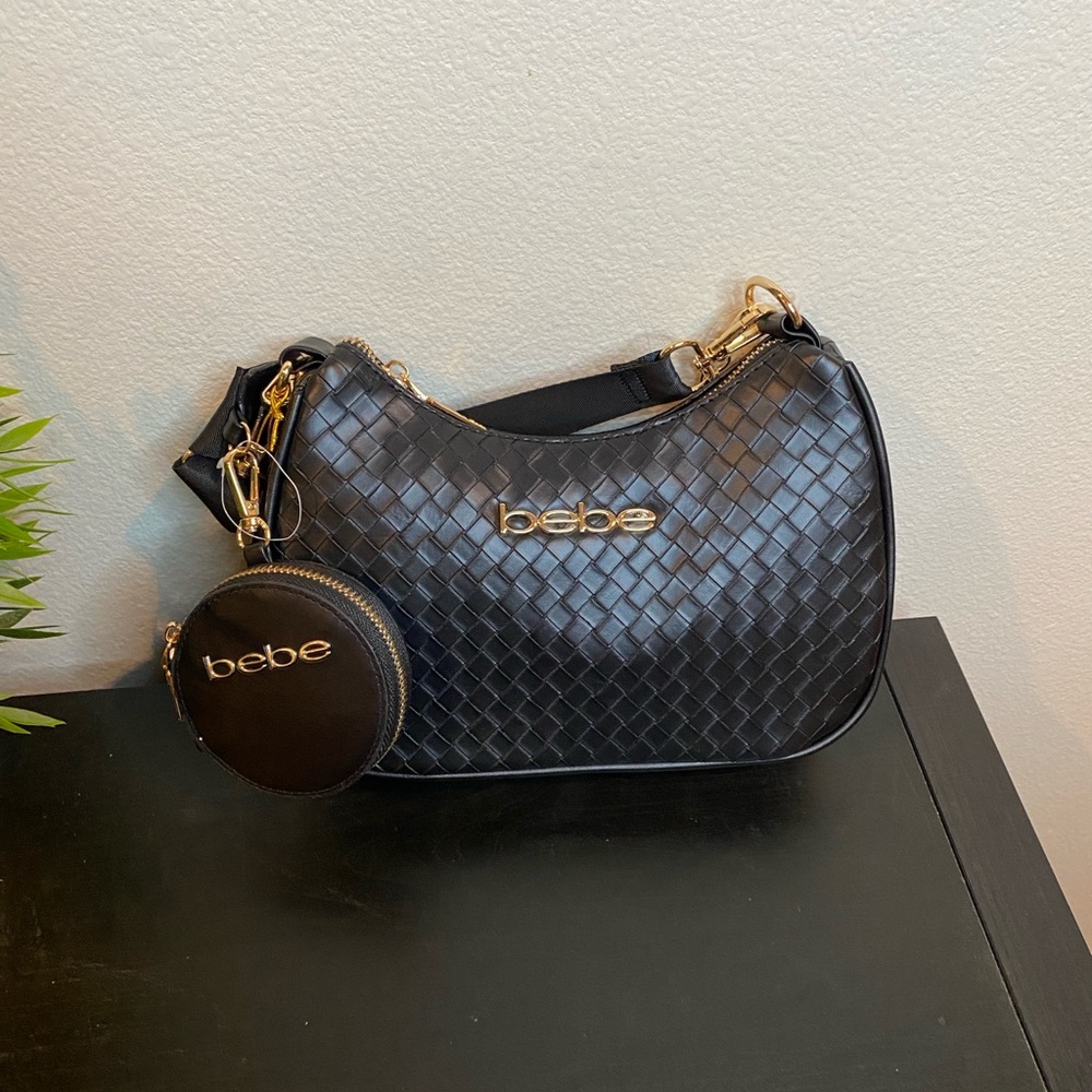 Bebe Black and Gold Woven Shoulder Bag